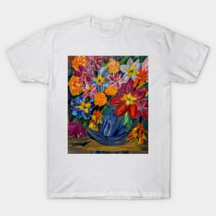 abstract vibrant colorful flowers in a glass vase with gold accent on base and top of vase T-Shirt